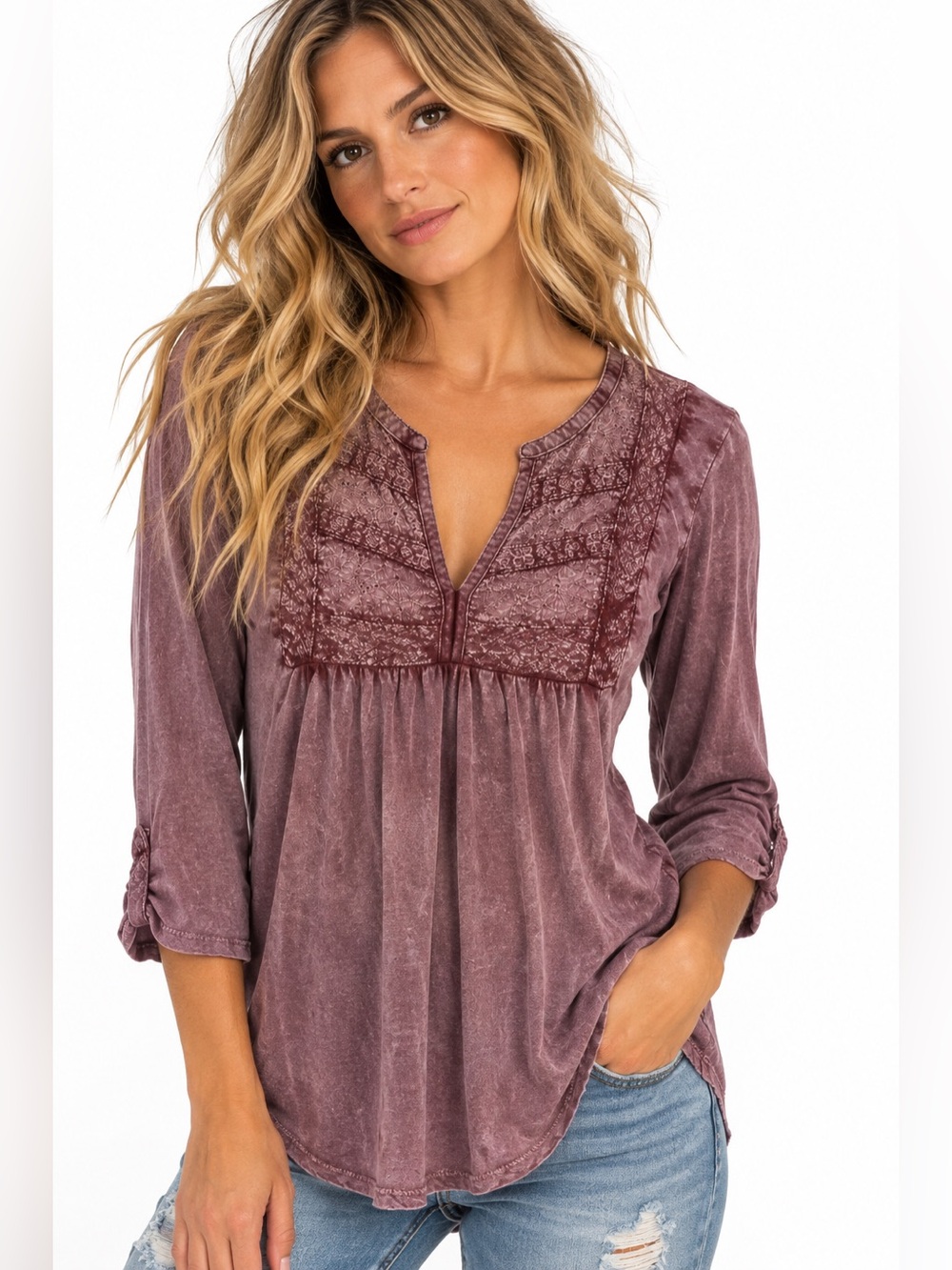 Lucky Brand Boho Embroidered Tunic Top Small Burgundy Mineral Wash Peasant Blous